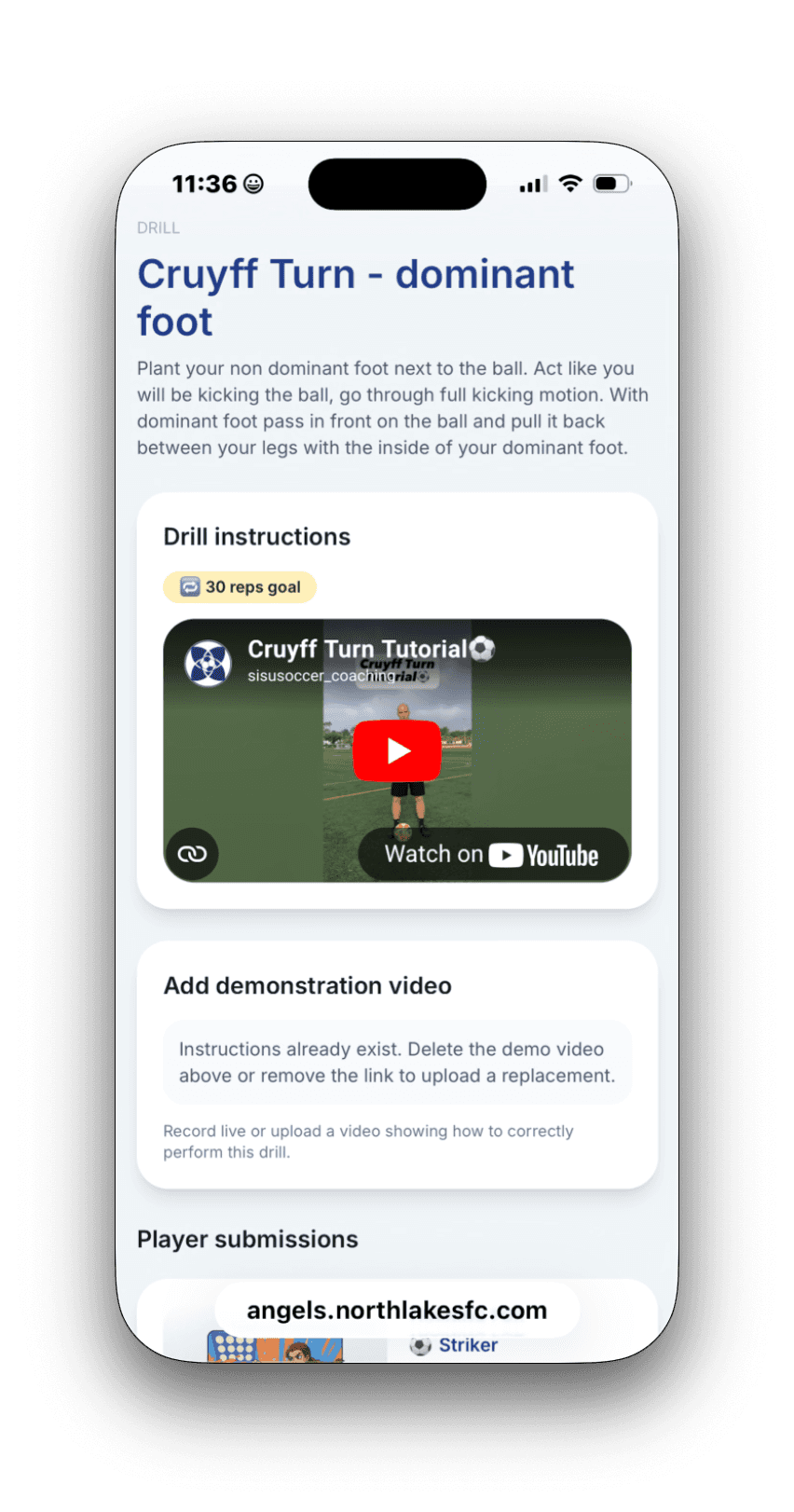 Video drills feature screen on Teamflicks
